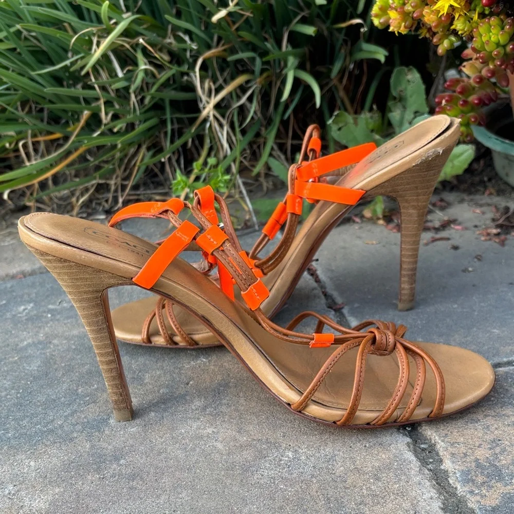 Coach Women's Lana Leather Tan and Orange Strappy Heels‎